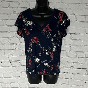 Papermoon Dark Blue Floral V-Neck Tee
